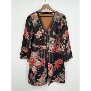 Anthropologie Monarc Gray Open Front Kimono Jacket Women Small Roses Pockets